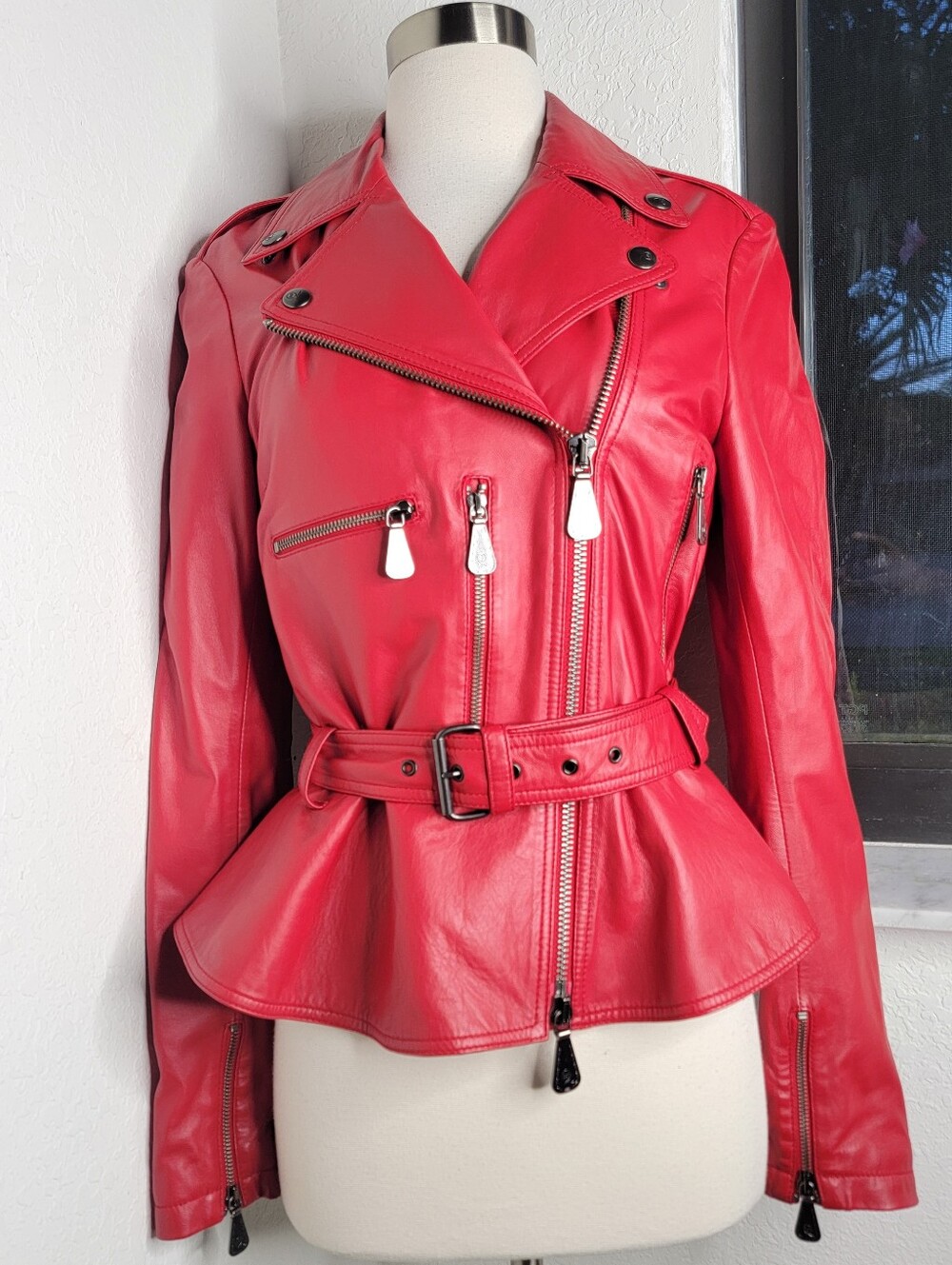 ALEXANDER MCQUEEN Belted Lamb Leather Peplum Biker Jacket In Red 4.